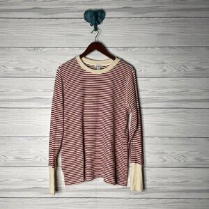 Sundance Cream Red Striped Waffle Ribbed Knit Crew Neck Long Sleeve Shirt Top XL